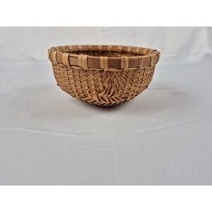 Hand Woven Bamboo Round Basket Herringbone Weave Decorative Bowl 6x3 Inch Boho